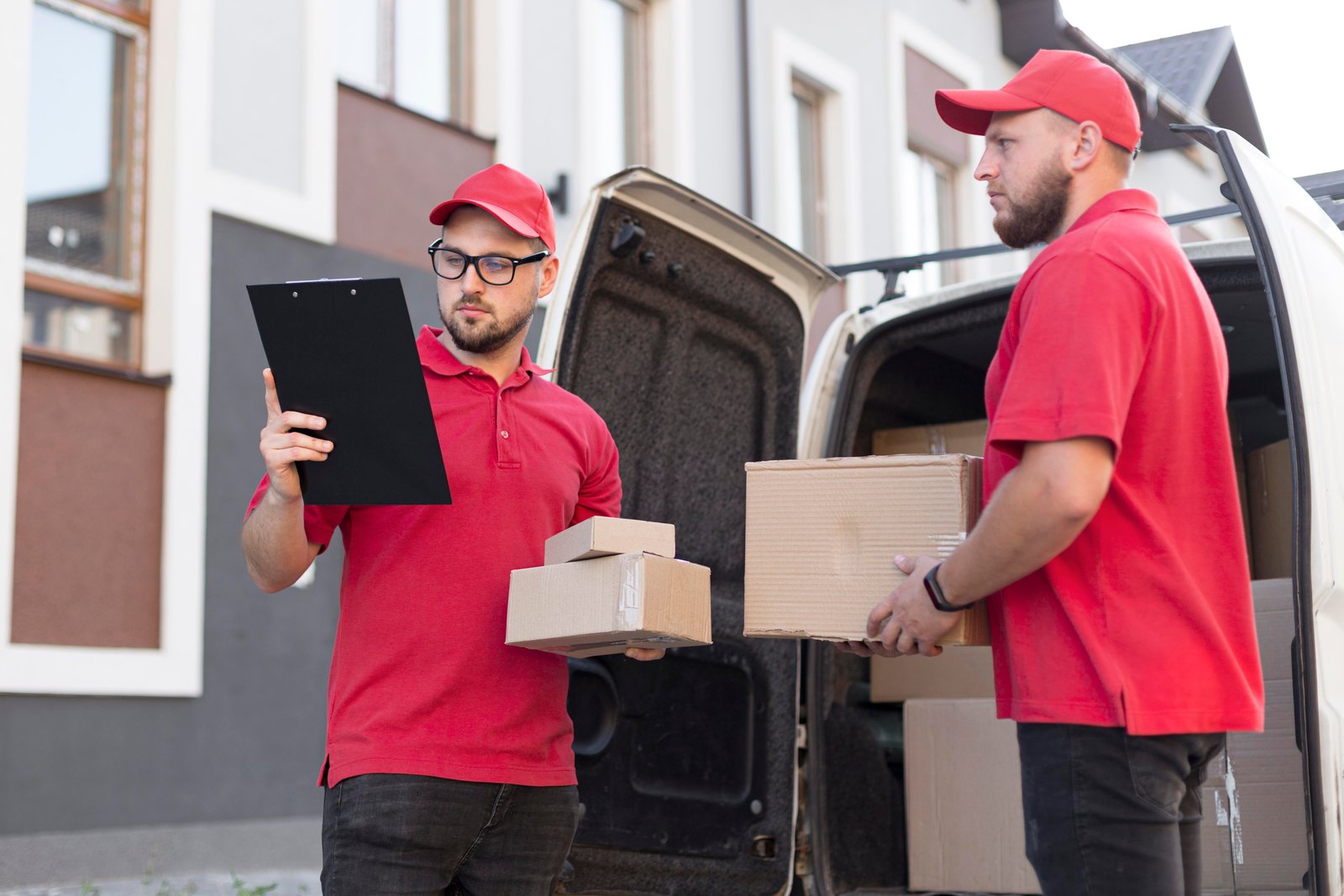 front view delivery man with packagaes